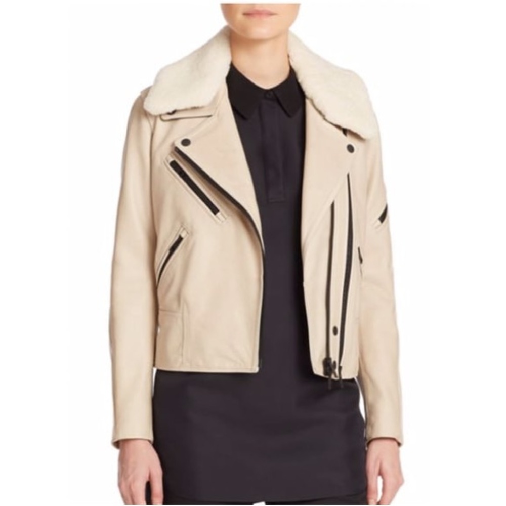 RARE Rag & Bone Minerva White Leather Moto Jacket Removable Shearling Collar